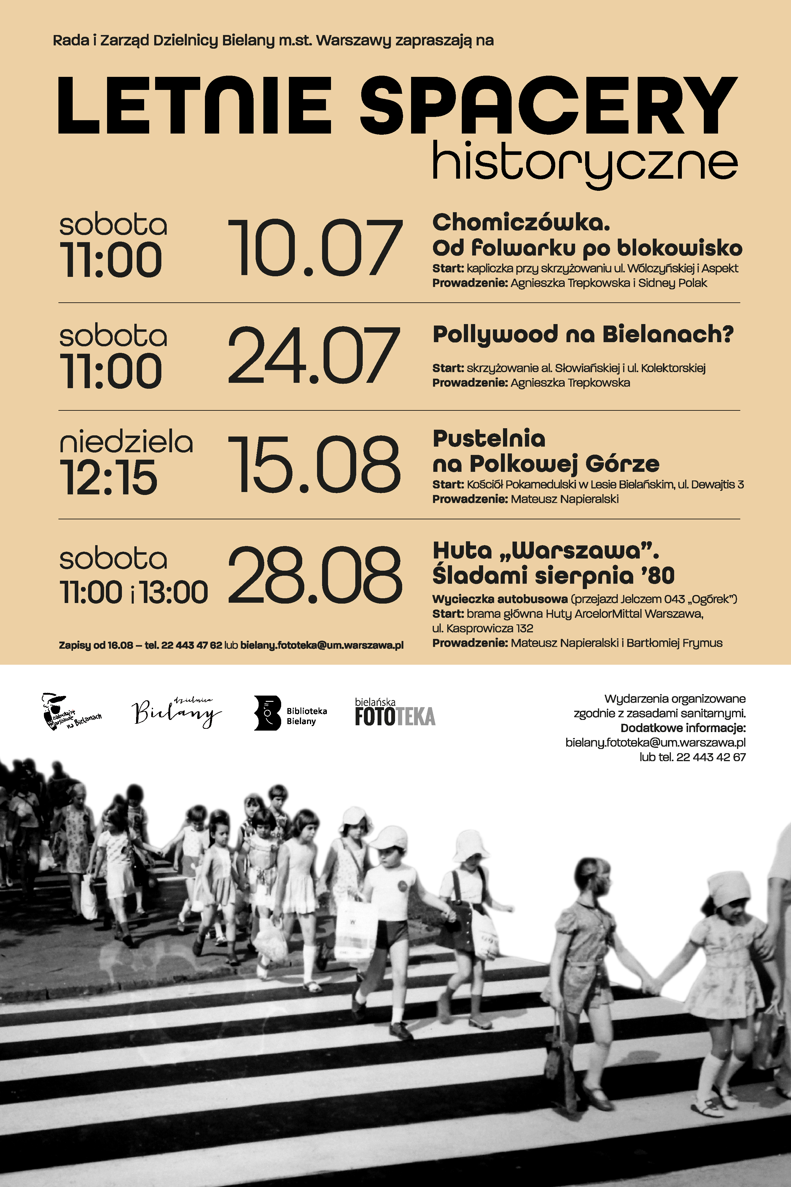 Plakat promujący letnie spacery historyczne z datami spacerów